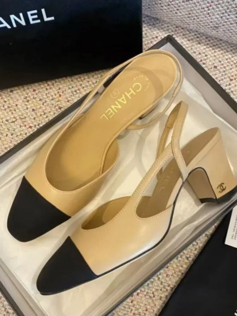 CHANEL Two-Tone Cap Toe Block Heel Slingback Pumps